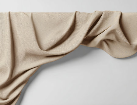 This image showcases a flowing beige fabric draped against a pristine white background. The composition features soft curves and folds, creating a sense of movement. The lighting emphasizes the texture and subtle color variations of the material. Suitable for use in textile design, product presentations, or editorial content.の素材