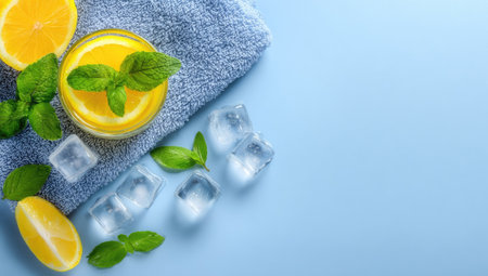 A top-down shot showcases a glass of vibrant yellow juice garnished with green leaves. Slices of a yellow citrus fruit and ice cubes are arranged on a blue surface. The scene is illuminated by soft, natural lighting, highlighting the cool tones and textures, suitable for advertising or editorial content.の素材
