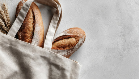 Two loaves of bread are visible in a beige canvas bag, presented against a white backdrop with wheat stalks. The close-up showcases a warm, inviting color palette and soft lighting. The image suggests culinary themes suitable for various commercial purposes, including food-related marketing and editorial content.の素材