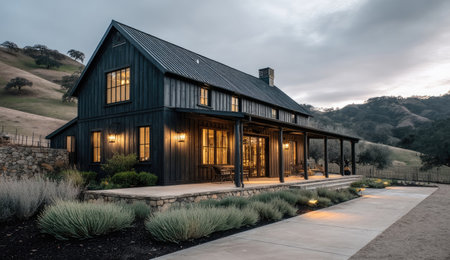 This photograph showcases a large modern farmhouse. The building features dark exterior cladding, with illuminated windows and a welcoming porch. The scene captures the building nestled against a backdrop of rolling hills under a cloudy sky. Suitable for architectural, real estate, and lifestyle content.の素材