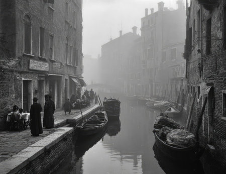 A classic black and white photograph portrays a city canal, filled with boats, and lined by buildings. The scene's composition showcases the buildings and canal. The lighting suggests an overcast day. This image could be suitable for historical studies, artistic publications, or general commercial use.の素材