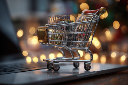 A small shopping cart filled with products sits on top of a laptop keyboard. The image shows a close-up with soft focus. Warm light is in the background. It may be used for marketing campaigns, advertisements, or other business-related visuals.の素材