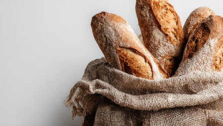 Three golden-brown baguettes are presented in a rustic burlap sack against a plain white backdrop. The image showcases the bread's textured crust and appealing form, accentuated by soft lighting. It's suitable for food blogs, recipe publications, or as a visual element in advertisements promoting wholesome eating.の素材