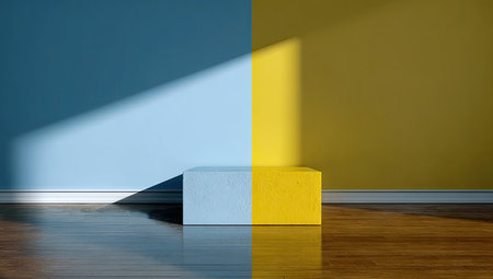 A rectangular shape is positioned in front of a contrasting two-toned wall. The scene is illuminated by sunlight casting strong shadows, enhancing depth and dimension. The combination of colors and light creates a modern, minimalist composition. Suitable for various design, marketing, and advertising purposes.の素材