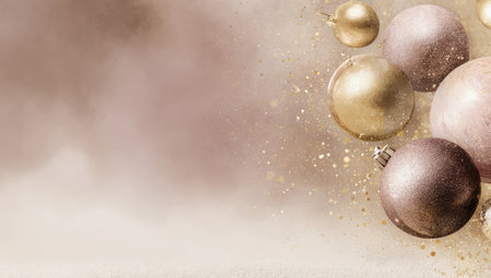 An arrangement of shimmering ornaments dominates the image, featuring various sizes and tones. The color palette incorporates gold, and muted browns against a textured background. The composition suggests a celebratory theme, suitable for seasonal promotions, holiday greeting cards, or festive design projects.の素材