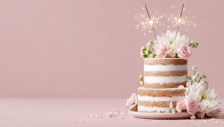 A beautifully decorated layered cake, featuring white frosting and adorned with fresh flowers and sparkling pyrotechnics, stands against a soft pink backdrop. The composition highlights the cake's textures and intricate details. This image is suitable for celebratory events, commercial campaigns, or editorial content related to festivities.の素材