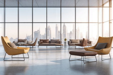 An interior shot features a contemporary living room with multiple sofas and armchairs. The color palette includes brown and yellow hues. Large windows offer a panoramic view of a city skyline. This image is suitable for various commercial purposes, including advertising and editorial content.の素材