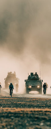 The image captures military vehicles and cyclists moving in a dusty environment. The scene showcases a composition with neutral tones, suggesting a day setting. This could be useful for projects related to defense, transportation, or environmental themes. It's suitable for various commercial or editorial applications.の素材