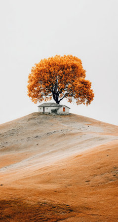 A small house sits atop a hill, shaded by a large tree with vibrant orange foliage. The image displays a scenic landscape of warm hues, with rolling hills under a soft, overcast sky. Suitable for various creative projects, this image could be used for illustrations and commercial designs.の素材
