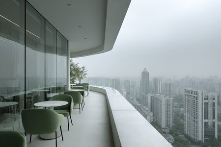 An architectural view shows a modern balcony with tables and chairs. The scene includes glass walls and a curved design. The sky is overcast, providing soft lighting. This image could be used for architectural concepts or urban design projects.の素材