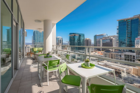 An inviting balcony scene reveals outdoor tables and chairs, ready for dining. Bright green accents contrast against a contemporary setting with a sweeping city view. The composition features a clean aesthetic, ideal for commercial projects that benefit from a light, airy, and modern visual theme.の素材
