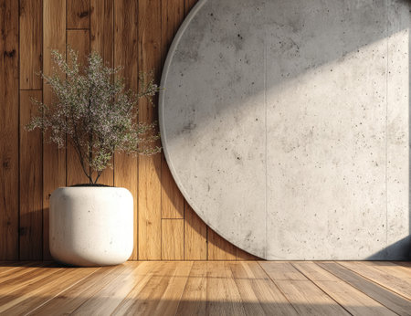 An interior shot features a plant in a white pot, situated next to a large, circular concrete element. The scene is illuminated by natural light, creating shadows across the wooden floor and wall. This composition offers a clean, modern aesthetic suitable for various design, lifestyle, and editorial projects.の素材