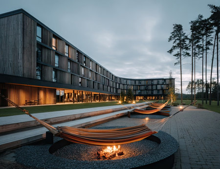 An exterior view showcases a modern building featuring a curved facade. A fire pit with hammocks is centrally located. The composition highlights textures and materials under soft, natural lighting. Suitable for architectural visualizations, travel publications, or design related projects. The image evokes a sense of tranquility.の素材
