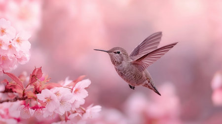 A hummingbird is captured in mid-flight near blooming pink flowers. The image showcases the bird's wings spread in motion, with soft focus on the background. The scene suggests an outdoor environment with natural lighting and features a pastel color palette. Suitable for various editorial and commercial applications.の素材