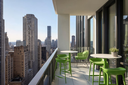 An urban outdoor scene showcases a balcony overlooking a sprawling cityscape. Green chairs and white tables punctuate the space. The composition features a clear, bright aesthetic with natural lighting. This image is suitable for architectural, lifestyle, and real estate editorial and commercial use.の素材