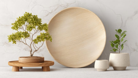 A minimalist composition showcases a large beige plate alongside a bonsai tree and two potted plants. The image displays a neutral color palette, emphasizing light and shadow, with a marble-like background. The visual suggests a serene indoor scene suitable for design, decor, or lifestyle content.の素材