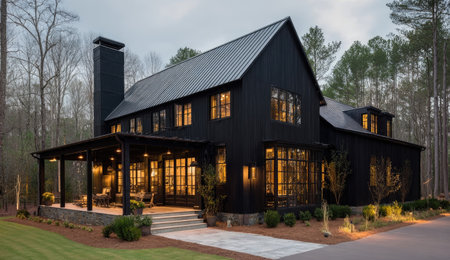 This image showcases a modern black house with a spacious open porch and large windows. The house is surrounded by trees under an overcast sky. Warm interior lights contrast against the dark exterior. Suitable for various commercial applications, it could be used to represent architecture, design, and real estate.の素材