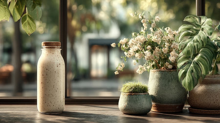 A glass bottle filled with a creamy beverage sits on a wooden table, next to potted plants and flowers. The image features soft lighting and a blurred background suggesting an outdoor setting. This versatile shot can be used for promotional material or editorial content.の素材