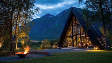 An A-frame cabin stands in the evening, with interior lights visible through its large windows. A fire pit in the foreground adds warmth and visual interest. The composition highlights the geometric structure of the cabin against the natural landscape of trees and a mountain. Ideal for architectural or travel-related publications.の素材