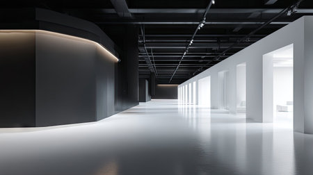 This image features a long, modern corridor with bright, ambient lighting. The composition emphasizes clean lines and a minimalist aesthetic with white walls and flooring contrasting with darker accents. This interior space could be suitable for various commercial or editorial applications.の素材