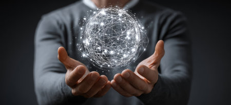 An individual presents a glowing spherical structure, likely symbolizing networks or technology. The image showcases a dark background with hands holding the sphere, with the sphere being the focal point. It may be utilized for technological themes, innovative concepts, or digital enterprise content.の素材