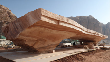 A massive, carved stone structure is shown outdoors, bathed in sunlight. The artwork exhibits a light brown color with visible layers and textures. The composition appears against a clear blue sky, suggesting a daytime outdoor setting. The image could be suitable for architectural, travel, or artistic projects.の素材