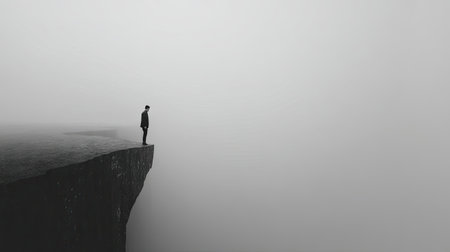 A silhouette of a person stands at the edge of a cliff, observing a vast, misty landscape. The image showcases a muted color palette dominated by grays. The scene appears to be outdoors, in a natural setting. This image could be used for conceptual projects, editorial features, or illustrative purposes.の素材