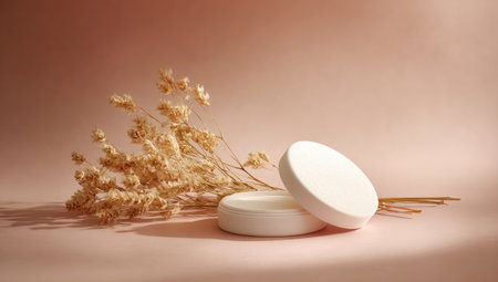 This image showcases two white circular soap pieces next to a dry floral arrangement. The soft color palette features shades of beige and pink. The composition is bathed in natural light, casting subtle shadows. This setup is suitable for use in cosmetic product promotion or artistic presentations, and various commercial projects.の素材