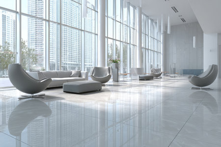 An interior shot showcases a contemporary waiting area, highlighted by a neutral color palette and glossy floor. The space features modern seating arrangements, positioned in front of floor-to-ceiling windows. The composition utilizes natural lighting, emphasizing a clean and open environment suitable for commercial applications and various editorial uses.の素材