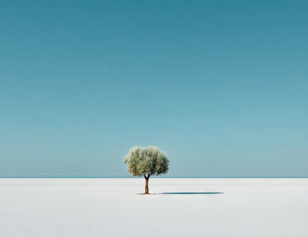 A solitary tree stands centered against a backdrop of a clear blue sky and a white plane, creating a minimalist composition. The image showcases a natural outdoor scene with an overhead perspective. The scene's simplicity and clean lines suggest potential applications in various design and commercial projects.の素材