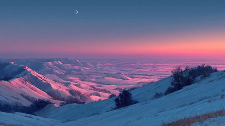 A scenic landscape showcases a mountain range under a twilight sky. The image displays a gradient of pink, purple, and blue hues, with the mountains highlighted. The composition features soft lighting and a serene atmosphere, suitable for various editorial and commercial applications. The scene evokes a sense of peace and natural beauty.の素材