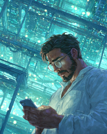 A man wearing glasses is depicted using a smartphone, set against a backdrop of a complex digital network. The image features a cool color palette with prominent blues and greens, and soft lighting suggests an indoor setting. This artwork might be suitable for illustrating themes related to technology, communication, or futuristic concepts, for commercial and editorial use.の素材