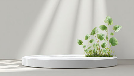 A minimalist composition features a white circular podium with a small plant arrangement against a light gray backdrop. The scene is illuminated by overhead sunlight creating soft shadows and highlights. This image is suitable for presentations, product showcases, or visual content requiring a clean and modern aesthetic, potentially for advertising purposes.の素材