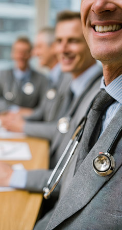 Group of medical professionals in formal attire are seen smiling at a meeting. The image features individuals in grey suits and ties, with a shallow depth of field. A stethoscope is visible, suggesting a medical or healthcare context, possibly related to discussions or collaboration. Could be used for editorial or commercial purposes.の素材