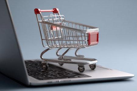 A small shopping cart rests on a laptop keyboard suggesting online retail. The image features a metallic cart with red accents against a blurred background. The composition uses a shallow depth of field, focusing on the cart. This visual can be utilized for commercial websites or editorial purposes relating to e-commerce.の素材