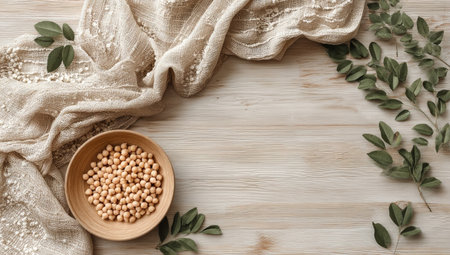 An overhead shot reveals a textured wooden table adorned with a wooden bowl filled with chickpeas, folded fabric, and leafy branches. The composition is lit by natural light. This setup presents a rustic aesthetic, suitable for projects related to culinary themes or promoting healthy eating, offering copy space.の素材