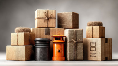 An assortment of stacked cardboard boxes, a black mailbox and a bright orange post box are arranged against a simple gray backdrop. The lighting highlights the textures of the various materials, and the neutral tones suggest a studio or neutral environment. These elements may be suitable for advertising, illustrating shipping, or e-commerce themes.の素材