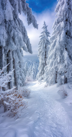 A winter landscape displays snow-covered pine trees along a path leading into the distance. The scene features various shades of white and blue, evoking a cold and serene atmosphere. This image could be used for illustrating winter themes, nature articles, or travel publications.の素材