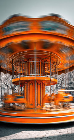 An orange carousel is captured in motion, featuring a blur effect that emphasizes its spinning action. The image showcases the carousel's design and color palette. A neutral background surrounds the main subject. This visual could be utilized in commercial projects or editorial content.の素材