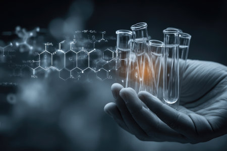 A hand holds a collection of transparent test tubes, suggesting a laboratory environment. The image uses a dark palette with highlights, creating a dramatic, professional composition. Molecular structures are digitally overlaid, adding a scientific context. Suitable for applications within scientific publications, advertising materials, and stock content.の素材