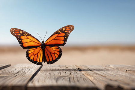 A monarch butterfly with orange and black wings is perched on a weathered wooden surface. The image features a shallow depth of field, with a blurred background showing a sky and an indistinct land area. The lighting suggests a sunny day. This image could be used for various purposes, including educational materials.の素材