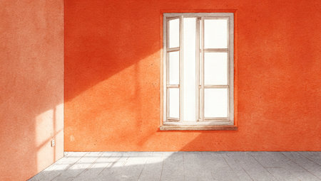 An interior shot features an orange wall with a white window. Sunlight streams through, casting shadows across the floor. The composition highlights the play of light and shadow in a minimalist, architectural setting. Suitable for various commercial applications, it presents a visually striking image.の素材