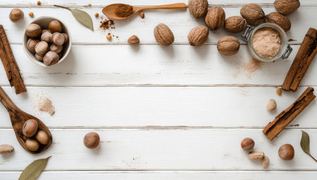 An overhead shot presents an array of nuts, spices, and wooden utensils arranged on a white, weathered wooden surface. Various shades of brown and beige create a warm color palette. The composition suggests a culinary setting with the possibility of use in recipe illustrations or food-related commercial applications.の素材