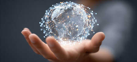 A hand cradles a glowing, abstract sphere composed of interconnected points, symbolizing a digital globe. The image displays a shallow depth of field, with soft focus on the hand and globe, set against a dark, blurred background. It could be used for illustrations about technology, networking, or global communication.の素材