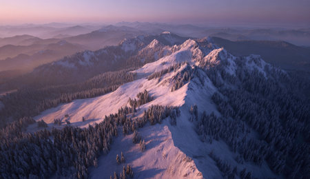 An aerial perspective showcases a mountainous landscape covered in snow. The composition includes prominent peaks, valleys filled with evergreen trees, and a gradient sky. The lighting suggests either early morning or late afternoon, with soft shadows and possibly suitable for various commercial or editorial applications.の素材