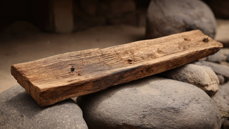 A close-up view presents a weathered wooden plank situated on top of rough gray stones. The natural wood exhibits a warm brown hue and detailed grain. The composition suggests an outdoor setting, potentially a natural environment with varying textures and lighting, suitable for diverse commercial applications.の素材