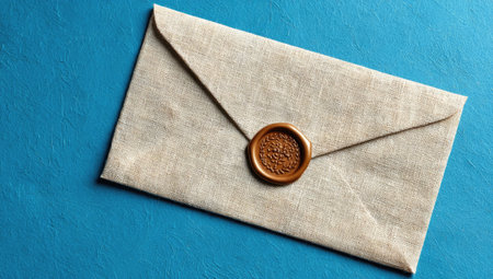 An overhead shot presents a sealed envelope with a wax stamp centered on a blue surface. The paper envelope exhibits a textured, off-white appearance. The seal displays a detailed, circular design in a warm, brown hue. This composition offers potential for commercial uses such as communication and correspondence visuals.の素材