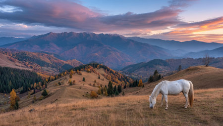 A white horse peacefully grazes in a vast mountain landscape, bathed in the warm light of a sunset. The image displays rolling hills, colorful foliage, and layers of mountains under a dramatic sky. This photograph can be used for various commercial projects related to nature, animals, or travel.の素材