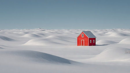 A striking red house stands isolated amidst a snowy, undulating terrain under a bright, cloudless sky. The composition emphasizes the contrast between the house and the expansive white landscape. The image evokes a sense of solitude and stillness, potentially suitable for various commercial and editorial applications.の素材