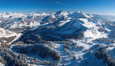 An aerial perspective showcases majestic snow-capped mountains and evergreen forests. The image features a bright, clear day with excellent lighting, revealing detailed textures across the landscape. The photograph's composition may be suitable for travel, tourism, or environmental themes, providing visual appeal for editorial or commercial applications.の素材